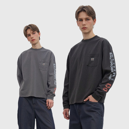 ATHIRI 唇印标语印花件染水洗美式复古口袋扭缝长袖t恤