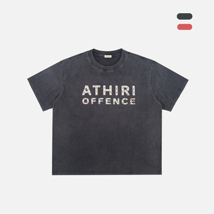 ATHIRI OFFENCE烫钻数码直喷美式复古vintage 做旧水洗T恤男女