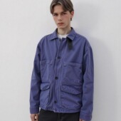 ATHIRI 纯棉夹克外套 新款 ROW风法工蓝装 饰皮领洗水复古做旧工装