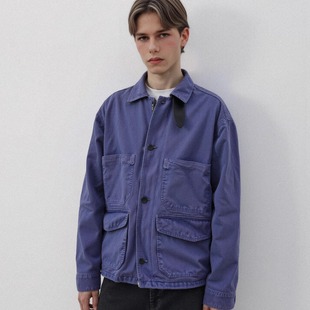 新款 饰皮领洗水复古做旧工装 纯棉夹克外套 ROW风法工蓝装 ATHIRI