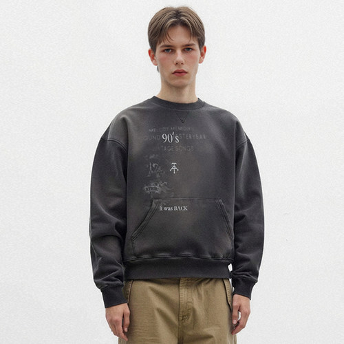 ATHIRI 涂鸦标语logo成衣蜡染复古水洗短宽剪裁重磅套头卫衣