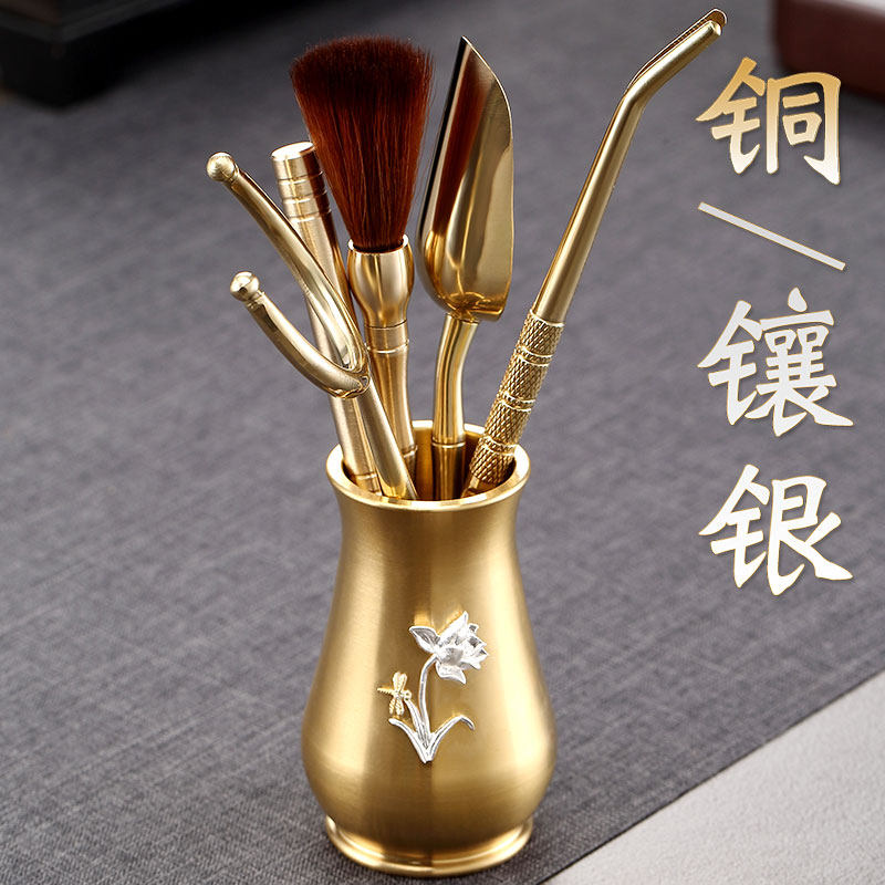 纯黄铜茶道六君子功夫茶具配件铜镶银茶刀茶夹子套装整套养壶工具