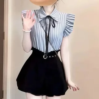 学院风休闲时尚套装夏季高级感甜美小个子蓝色条纹衬衫短裤两件套