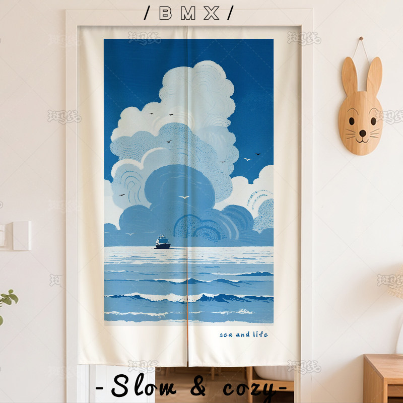 帆船装饰美化风景画蓝色系极简海景门帘布帘家居装饰隔断帘蓝白；