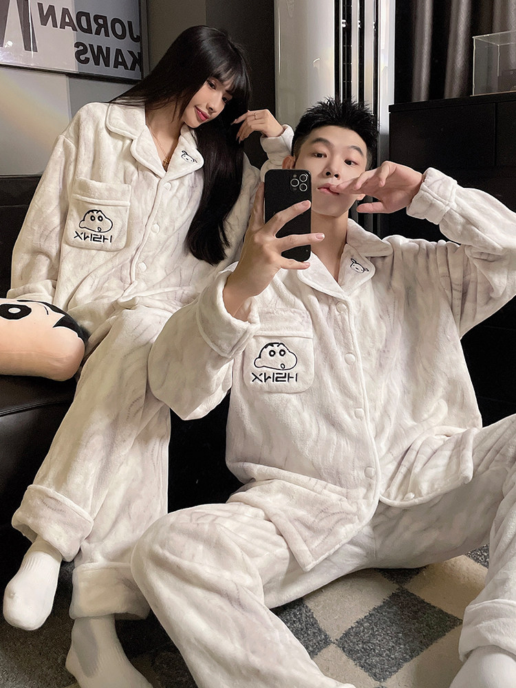 蜡笔小新情侣睡衣女秋冬季珊瑚绒加绒加厚男士冬天可爱家居服套装