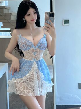纯欲公主风微透低胸深V领蕾丝吊带裙甜美少女修身显瘦露背连衣裙