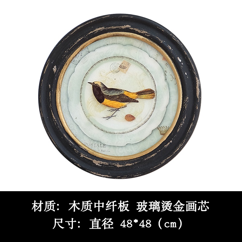 美式乡村复古做旧小鸟挂画餐厅玄关花鸟玻璃圆形椭圆装饰画图片