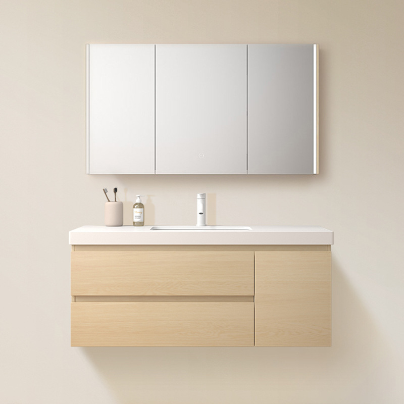 陶瓷一体盆实木浴室柜组合日系原木色岩板无缝洗手盆洗漱台卫浴柜