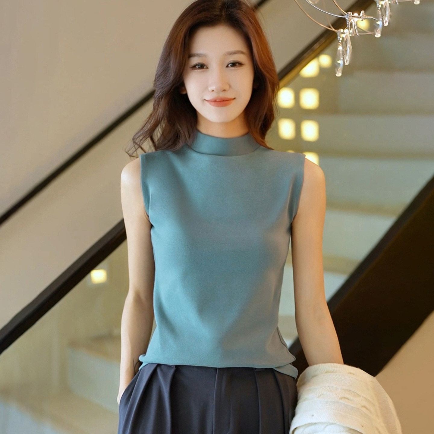 打底衣女内搭高级感磨毛加厚款纯色棉质小中半高领单件无袖背心秋