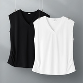 白色v领无袖 上衣女士性感褶皱下摆宽松显瘦背心内搭打底外穿t恤夏