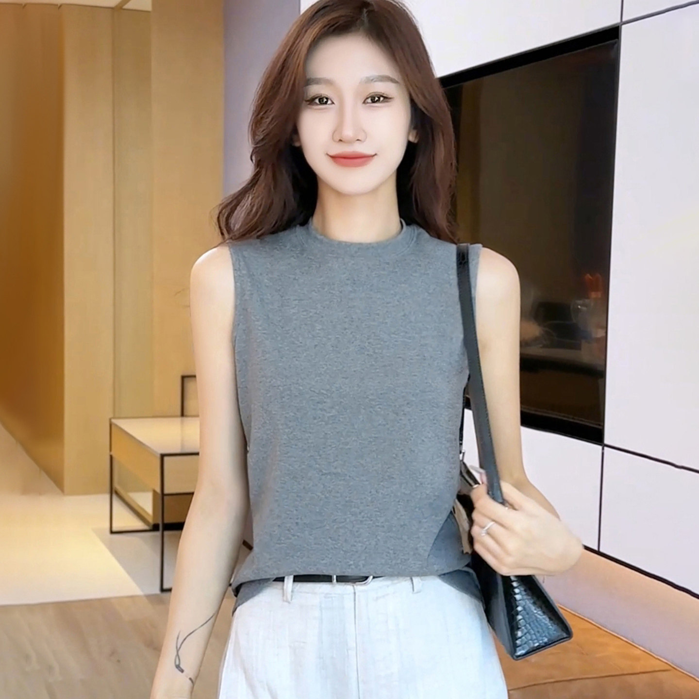 百搭螺纹吊带背心女夏外穿半高领修身坎肩上衣灰色内搭无袖打底衫