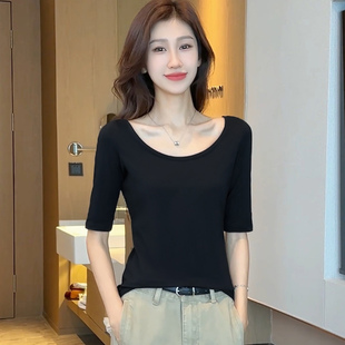 低圆领五分袖棉质打底衫女内搭半袖春秋新款黑色修身中袖上衣t恤