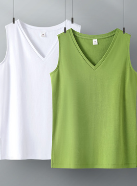 牛油果绿色v领无袖t恤女夏季外穿大码纯棉小背心打底内搭上衣新款