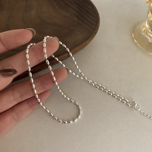 足银999纯银简约小众感叠戴米粒橄榄珠项链女锁骨链纯链长百搭