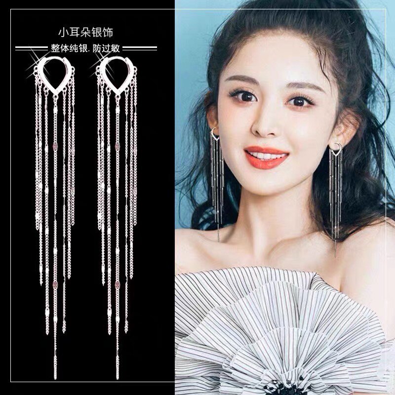 s990纯银仙女款流苏耳扣嘴唇耳环