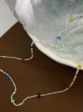 足银999爱心抽拉闪珠滴油彩色项链轻奢气质时尚百搭简约豆豆项链