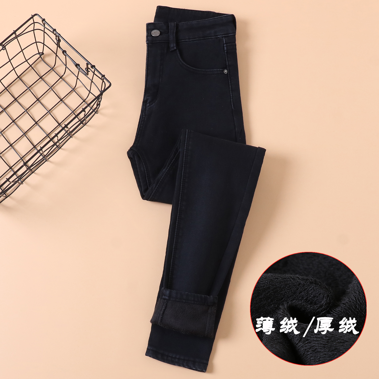 2025秋冬季新品黑色加绒加厚高腰牛仔裤女弹力紧身显瘦小脚铅笔裤