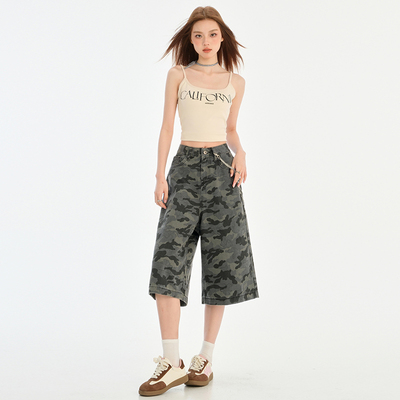 个性显瘦迷彩牛仔直筒七分裤女夏