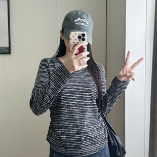 女装 显瘦正肩长袖 2025新款 微胖MM200斤修身 条纹T恤上衣 春秋季 大码