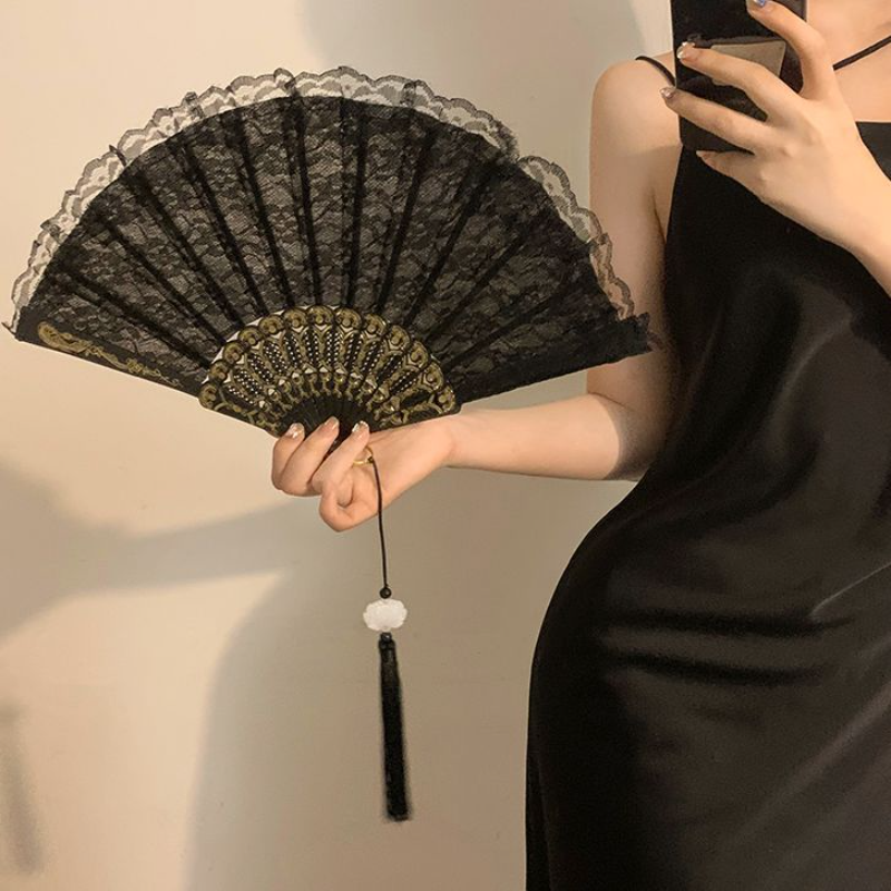 新中式复古黑色蕾丝折扇洛丽塔旗袍流苏古风拍照道具