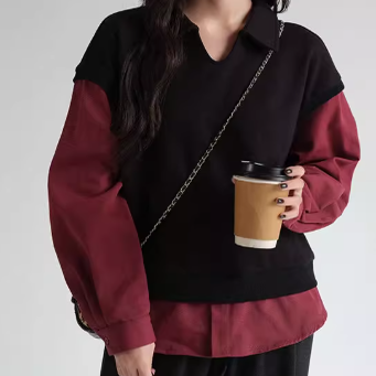 大码女装针织假两件叠穿衬衫卫衣2025秋装新款宽松减龄上衣