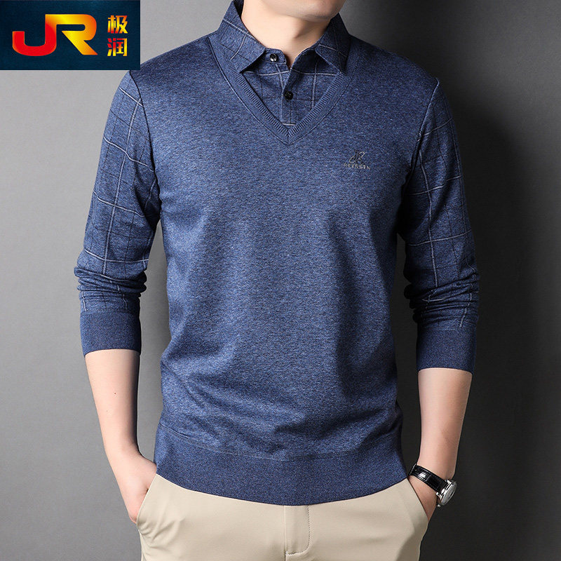 男士春秋季衬衫领长袖T恤中年薄款假两件爸爸装格子打底针织衫潮