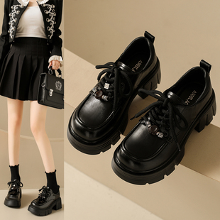 爆款厚底乐福鞋女2025秋季新款黑色粗跟小个子增高加绒英伦小皮鞋