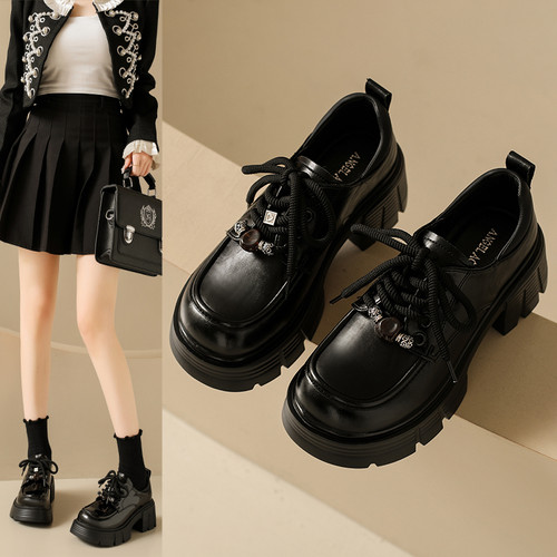 爆款厚底乐福鞋女2025秋季新款黑色粗跟小个子增高加绒英伦小皮鞋