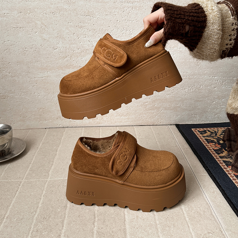 松糕厚底增高魔术贴勃肯鞋女款2025新款冬季加绒雪地靴小个子棉鞋