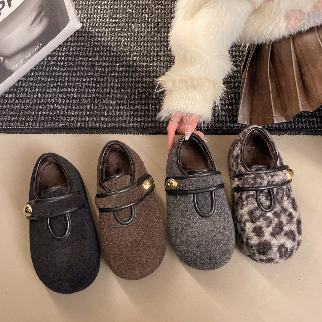 厚底内增高玛丽珍毛毛鞋女2025新款冬季毛呢棉鞋加绒保暖雪地棉鞋