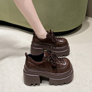 小个子厚底粗跟英伦小皮鞋 新款 女2025冬季 欧货增高9cm加绒乐福鞋