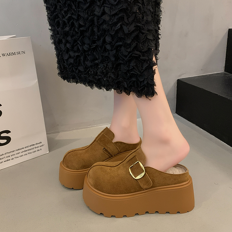 厚底增高勃肯鞋女2025秋冬新款一脚蹬包头半拖加绒博肯毛毛棉拖鞋