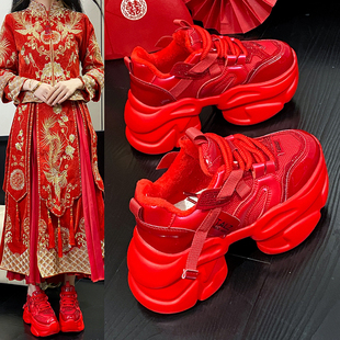红色老爹鞋女款2026新款爆款百搭秋冬季加绒厚底增高婚鞋新娘鞋子