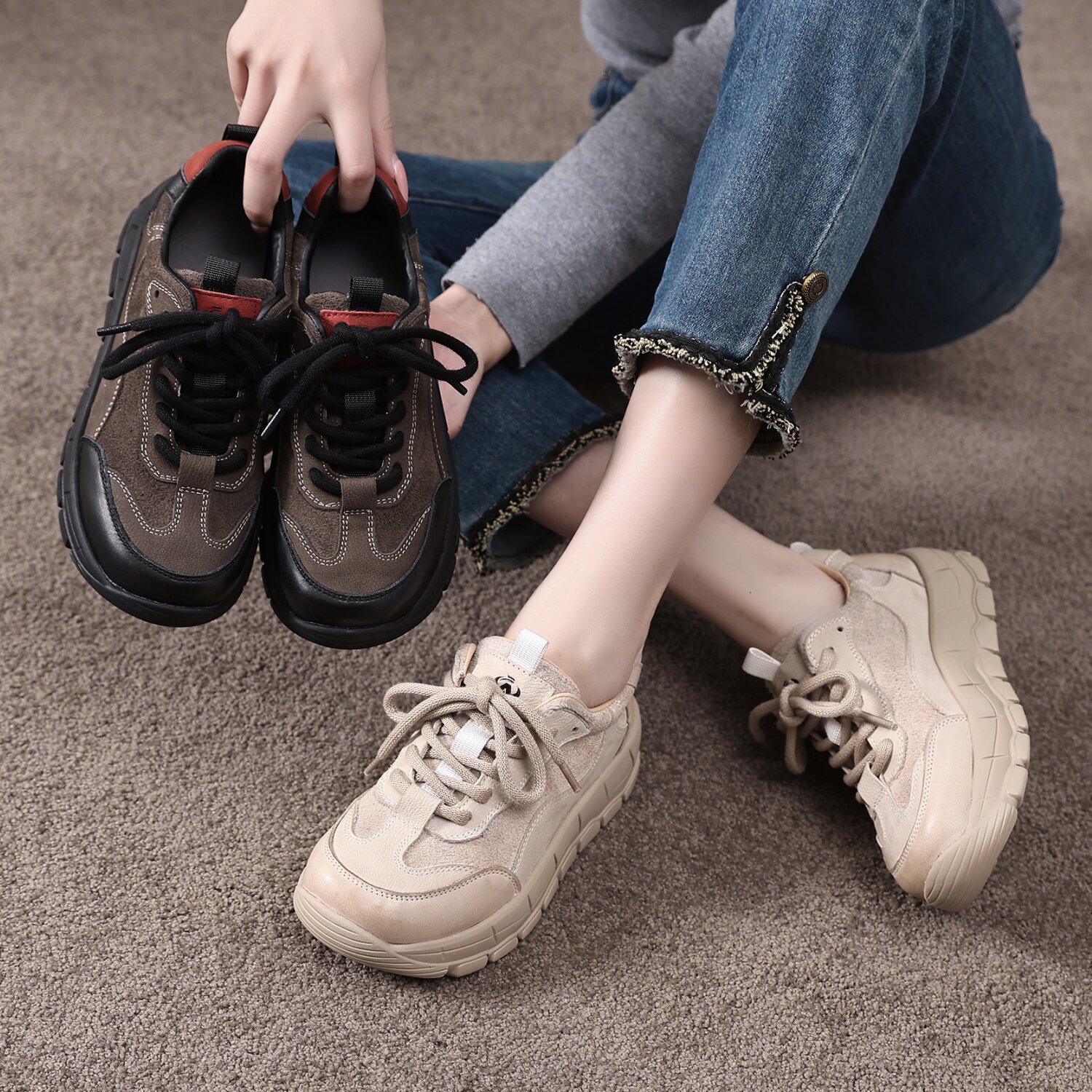 登山鞋女磨砂皮板鞋休闲鞋
