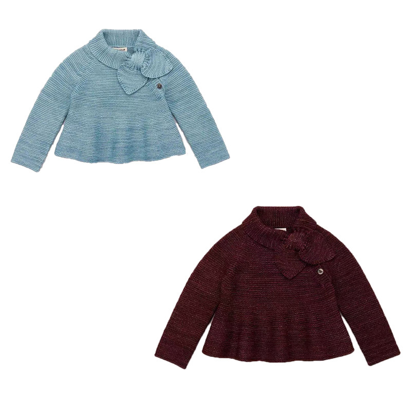 2025新款斜领蝴蝶结毛衣下摆喇叭口针织衫女童秋冬季长袖上衣