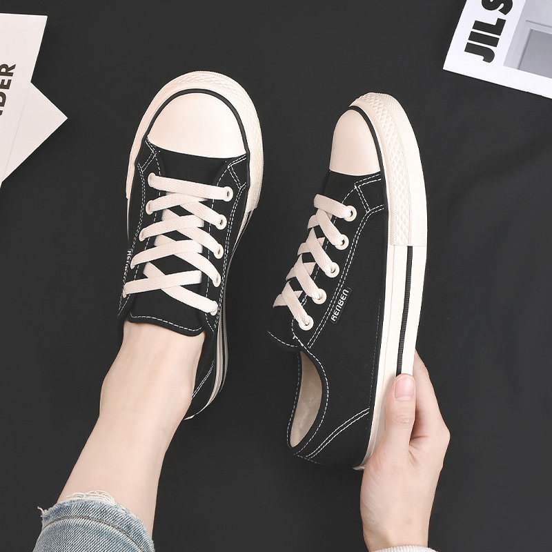人本帆布鞋女2026新款春夏季国潮低帮板鞋学生百搭球鞋黑色滑板鞋
