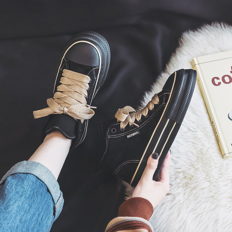 人本加绒高帮帆布鞋女2024秋冬季新款加厚黑色工作鞋厚底保暖棉鞋