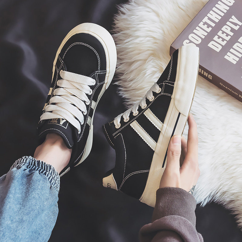 人本加绒帆布鞋男士百搭休闲板鞋2024新款秋冬季保暖高帮二棉鞋男