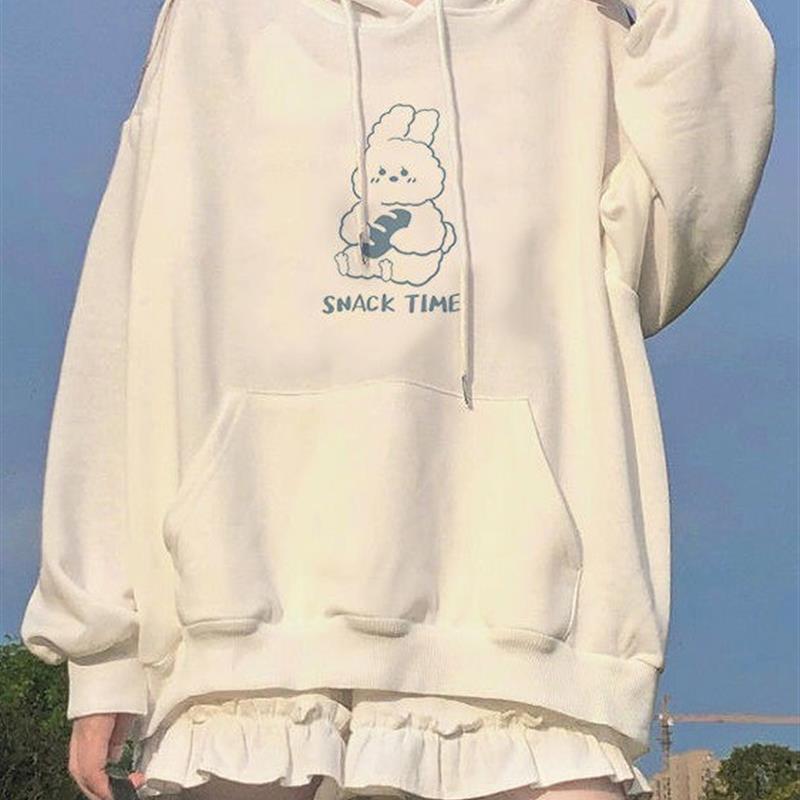 甜美软妹风可爱兔子印花加绒连帽卫衣流行女秋冬季韩版女上衣外套