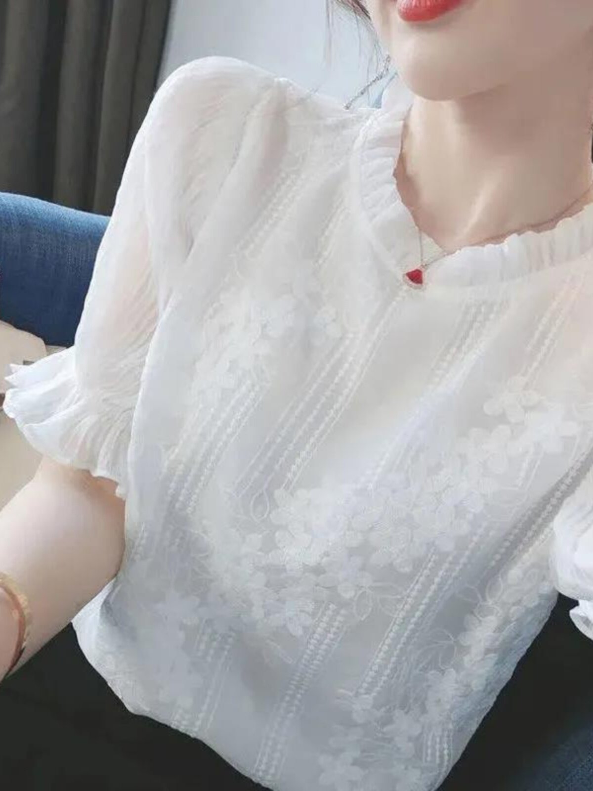 CHIFFON SHIRT WOMENS SHORT SLEEVE SUMMER 2024 NEW FASHION VERSATILE SHIRT FOREIGN STYLE SMALL SHIRT PLUS SIZE FAT MM TOP
