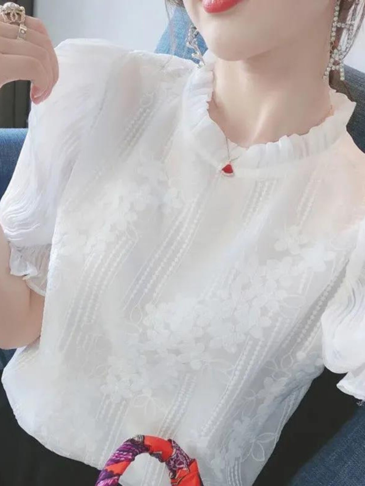 CHIFFON SHIRT WOMENS SHORT SLEEVE SUMMER 2024 NEW FASHION VERSATILE SHIRT FOREIGN STYLE SMALL SHIRT PLUS SIZE FAT MM TOP