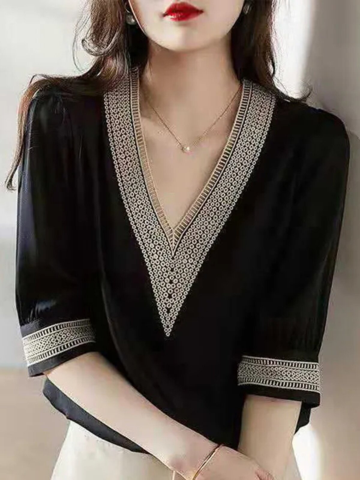 CHIFFON SHIRT WOMENS SUMMER DRESS 2024 NEW FASHION SHIRT HIGH-END FOREIGN STYLE SHIRT PLUS SIZE SHORT SLEEVE V-NECK TOP