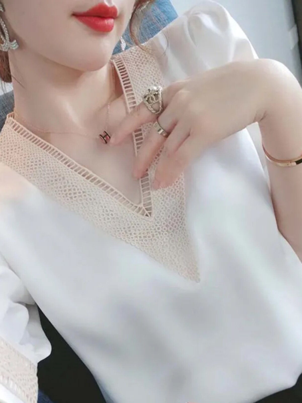 CHIFFON SHIRT WOMENS SUMMER DRESS 2024 NEW FASHION SHIRT HIGH-END FOREIGN STYLE SHIRT PLUS SIZE SHORT SLEEVE V-NECK TOP