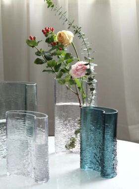 弧形透明波纹玻璃花瓶酒店样板间客厅家居设计师软装饰品