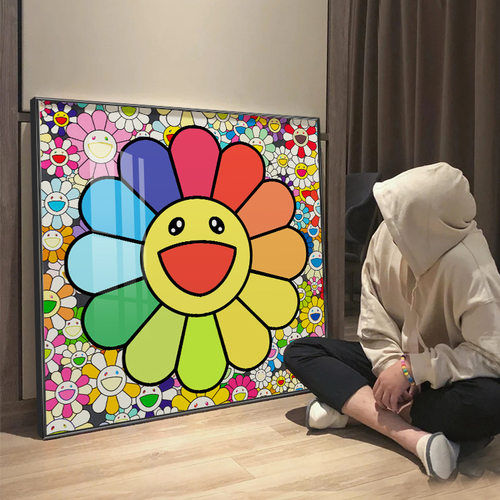儿童房ins潮玩店太阳花挂画奶茶店笑脸花装饰画餐厅治愈墙画