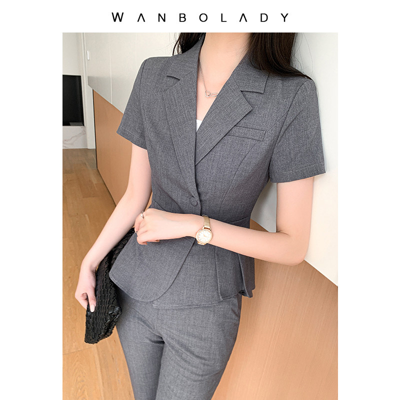 chic西装套装女夏薄款短袖职业装灰色通勤收腰修身高质感御姐西服