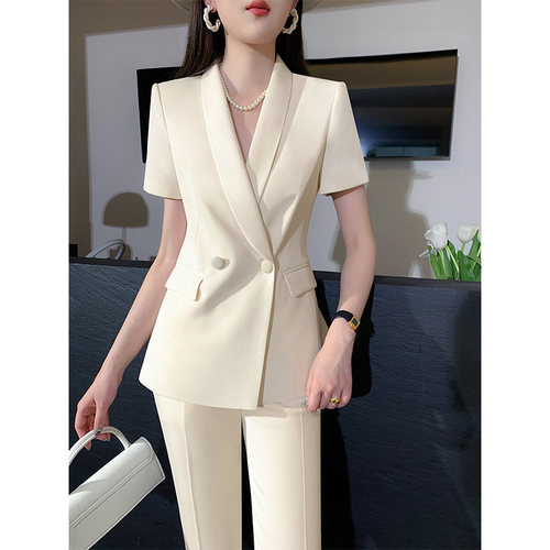 短袖薄款职业套装女神范米白夏季