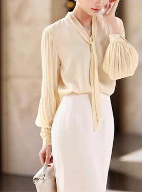 法式气质飘带黄色雪纺衬衫女夏季高级感轻奢V领OL通勤气质衬衣