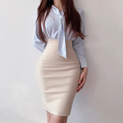 杏色后开叉中款后包臀职业半身裙女夏季紧身高腰显瘦通勤一步裙子