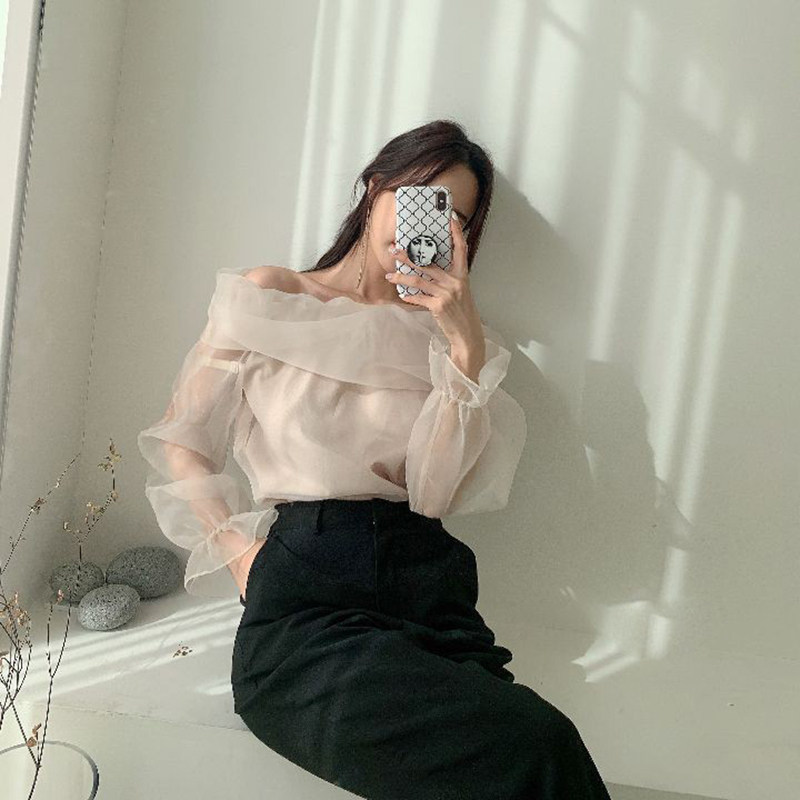 清仓特价设计感露肩甜美荷叶边法式衬衫女秋一字领网纱杏色网纱衫